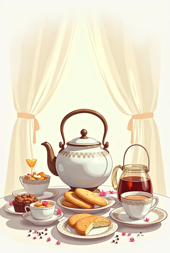 An Illustration of a Tea Table with a Kettle,
view from the front, entire, with sweets, honey pot, biscuits, and playful, neutral image background.