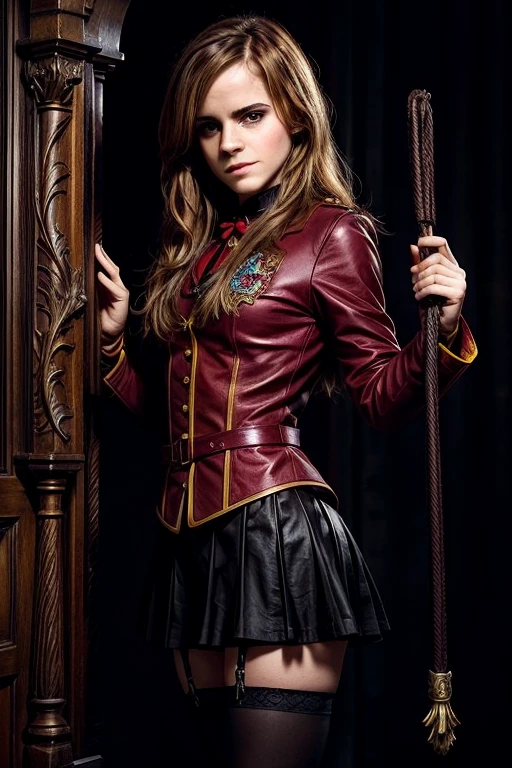 2 Emma watson, gryffindor uniform, holding bdsm flogger in right hand, dominatrix, strict pose