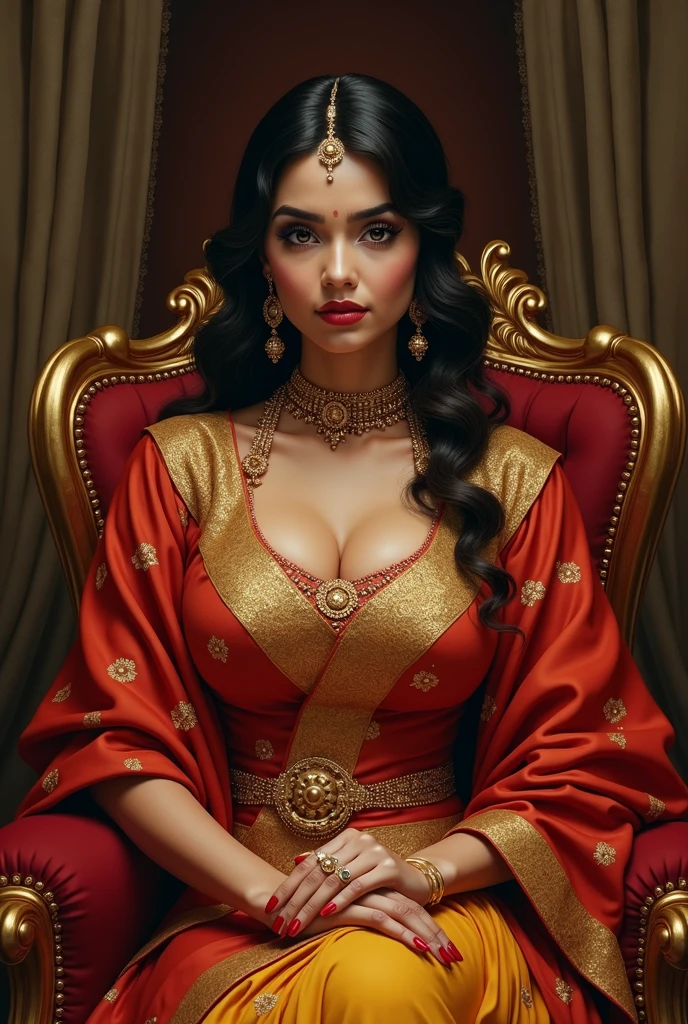 6 ft big breasted average beautiful sri lanakan wealthy age 25 girl in maharani dress. Wearing Academic regalia.well educated.sit in chair with massive big boobs, big butt