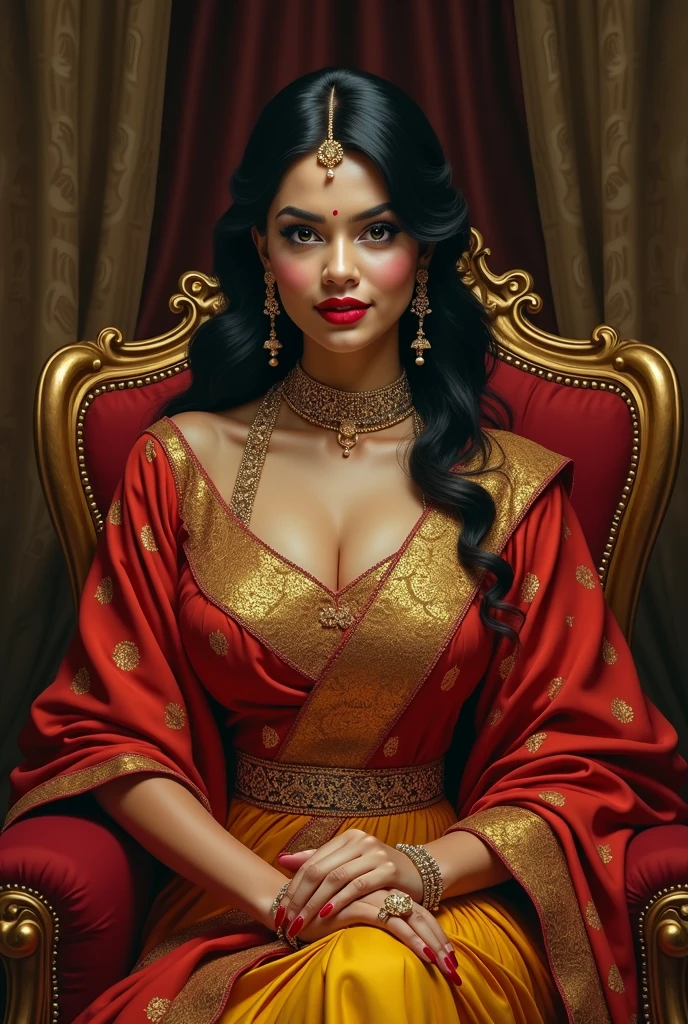 6 ft big breasted average beautiful sri lanakan wealthy age 25 girl in maharani dress. Wearing Academic regalia.well educated.sit in chair with massive big boobs, big butt 