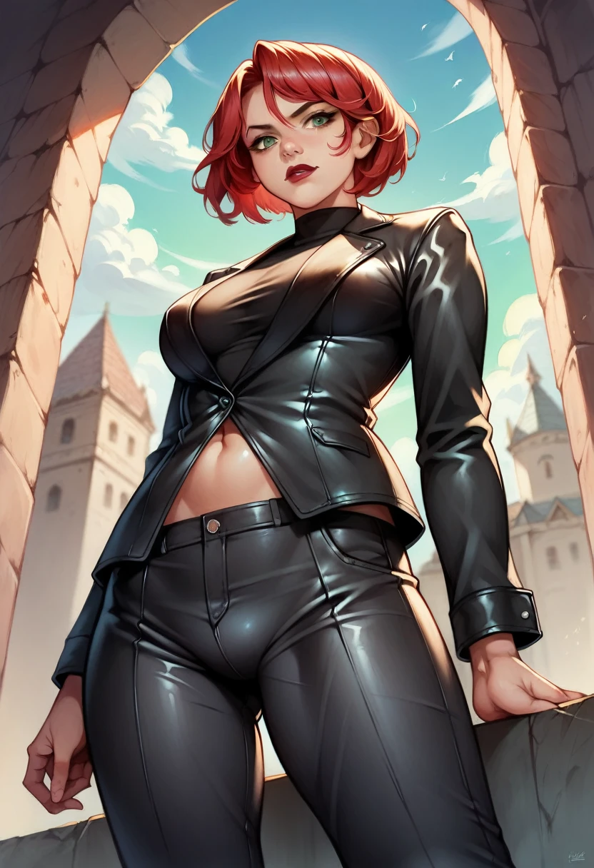 (high-level image quality), (high quality), (high resolution), (detailed), (masterpiece), beautiful woman, ((caucasian)), green eyes, red hair, short hair, dark red lipstick, black top, leather jacket, leather pants, portrait, down below, confident pose