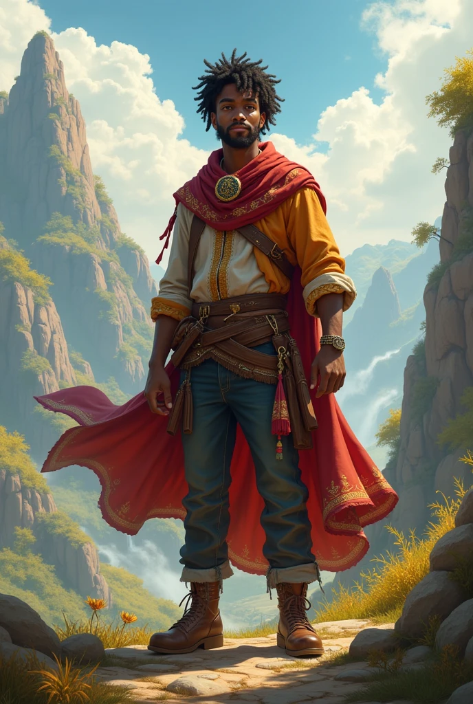 a human bard, black and young,man and adventurer
