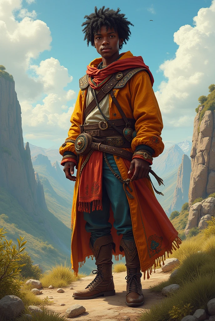 a human bard, black and young,man and adventurer