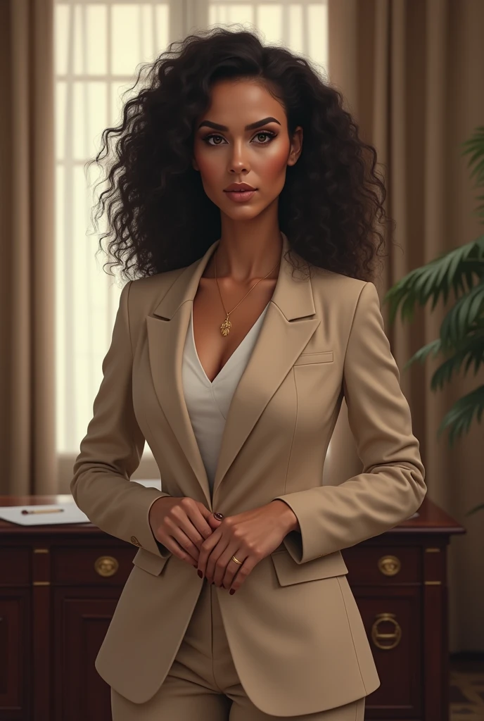 Create for me an image of a fair-skinned woman ,thin black eyes and medium black curly hair she is wearing a businesswoman outfit beige blazer and with a Boss pose 