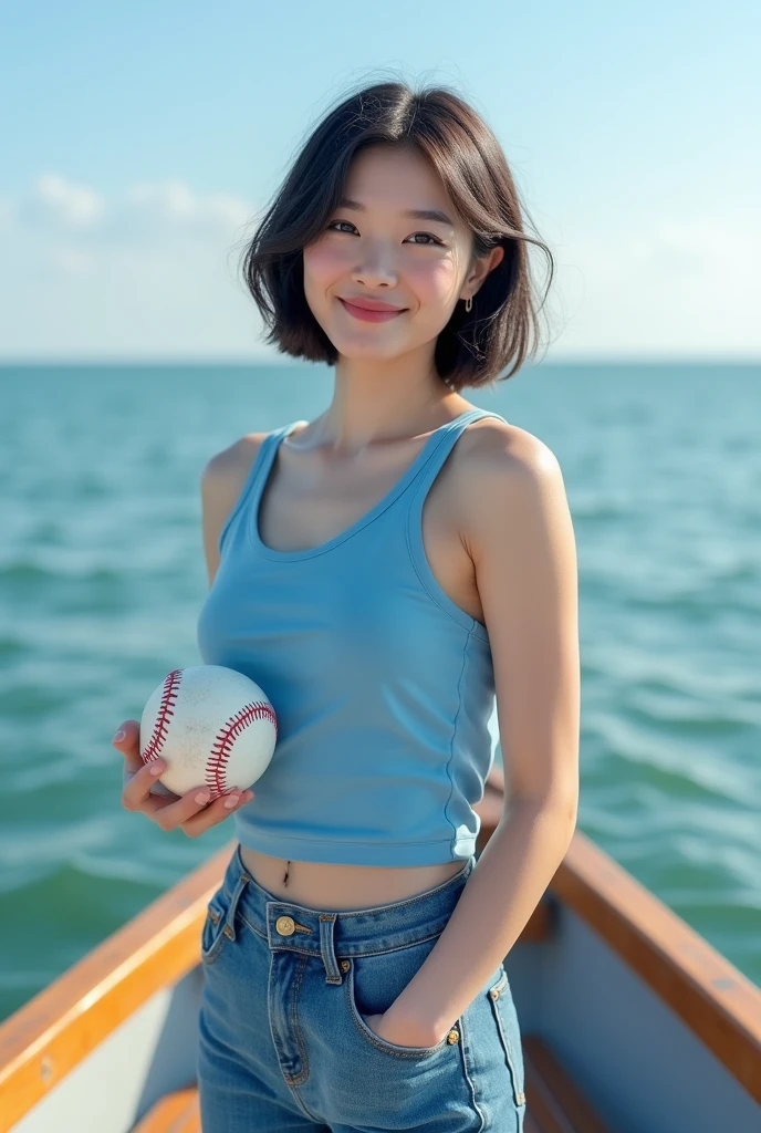 Highly realistic 8k photos, sea background, standing on a boat, holding a baseball with one hand, Korean woman, Wearing a blue sleeveless top and jeans, standing face to face, Looking at the camera, short hair, A little smile,