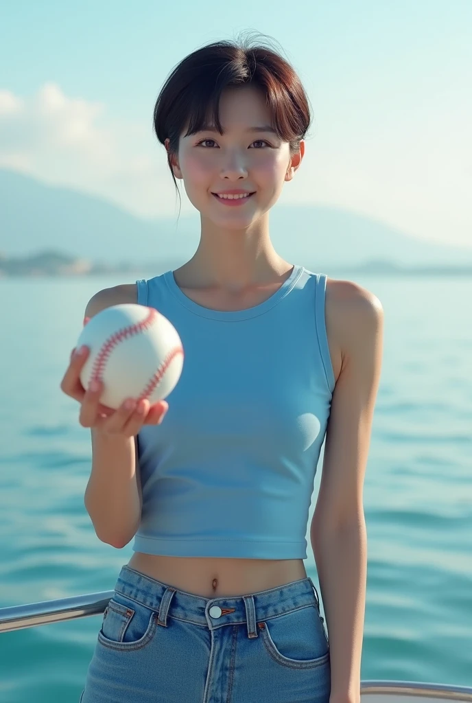 Highly realistic 8k photos, sea background, standing on a boat, holding a baseball with one hand, Korean woman, Wearing a blue sleeveless top and jeans, standing face to face, Looking at the camera, short hair, A little smile,