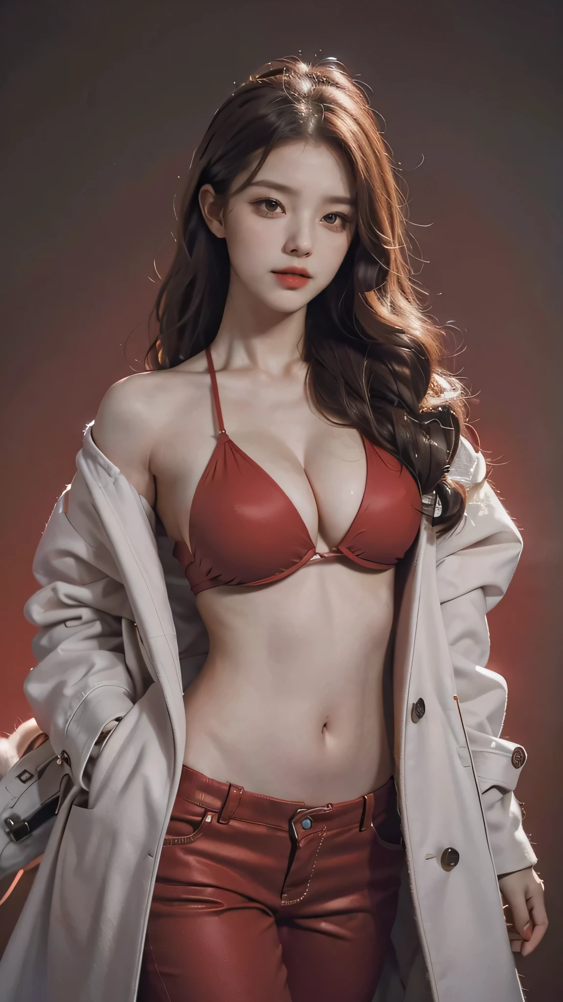 Girl wearing, luxury red coat, shoulder length hair, wavy hair, glowing skin, star in eye, red lips, grey  background, cute poses , upper body, open coat, breast visible, belly button , front view, opening coat, red pant, big breast.