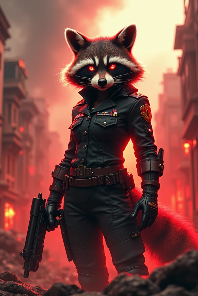 A female raccoon with flaming eyes wearing a female military uniform in a war zone holding a powerful weapon with a victorious red color aura