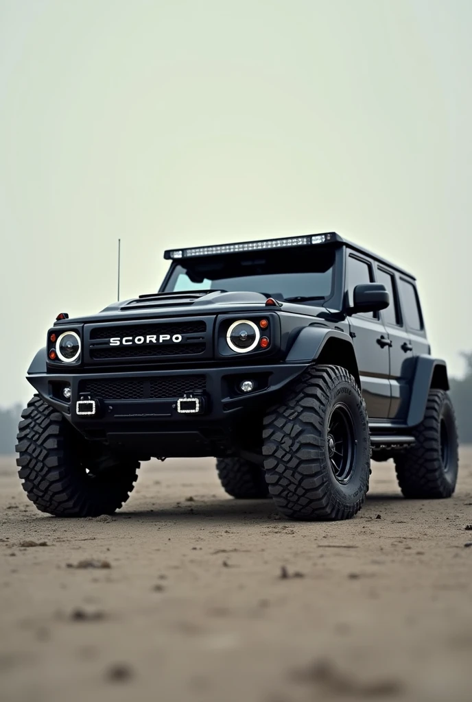 A Indian Scorpio car in black Color with muscular look huge tyres 