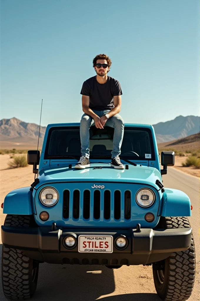 ((best quality)), ((masterpiece)), (detailed), perfect face"A sky-blue Jeep with 'STILES' on the license plate and Dylan O'Brien sitting on the hood."