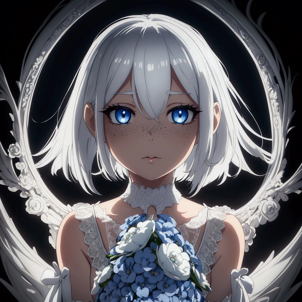 A charming anime portrait of a young girl with fair skin and long, silky white hair falling from her shoulders. Her expressive ocean blue eyes and thick lashes captivate the viewer and reveal her ethereal aura. The monochromatic style vividly highlighted her features, while her freckles added a touch of glamor. Wearing a lace dress, she stands against a dark and ethereal background, her captivating gaze catching the eye. The intricate details and shading in this 3D rendering create a mesmerizing and captivating effect.