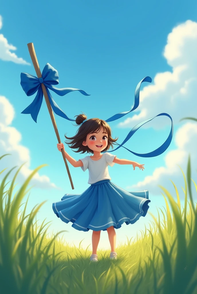 A girl in a blue skirt holding a stick with a long blue ribbon without a bow