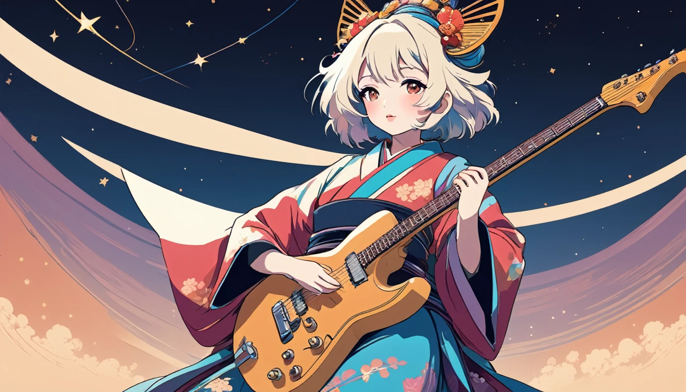 Electric guitar、Oiran、Wide-angle lens, Lofi Anime, Lofi illustration, Aesthetic atmosphere, Lo-Fi Style, Vector art, Flat Design, Simple shape, Warm tones, Pleasant atmosphere, Chill, In anime style, Digital drawing, Vector art, Vector logo for t-shirt printing, (Adorable:1.5), (small:1.4), (Playful:1.2), (soft:1.3), (Whimsical:1.1), masterpiece, Highest quality, 8k, Intricate details, grow, Celestial, Mysterious, Picturesque, amazing, Majestic, Magic, Fantasy art, Cover art, dream-like