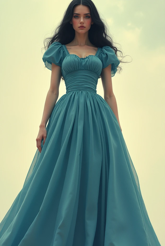 Giant girl,retro long blue dress,black hair ,looking at the viewer 