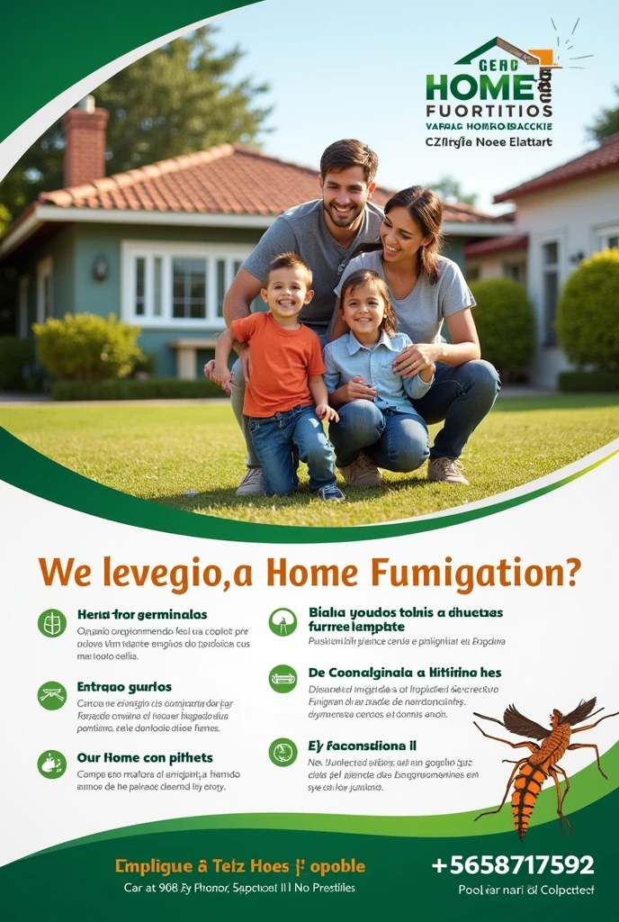 I want you to generate an image of a home fumigation advertisement +56958717592 add that data and make it look professional in Spanish