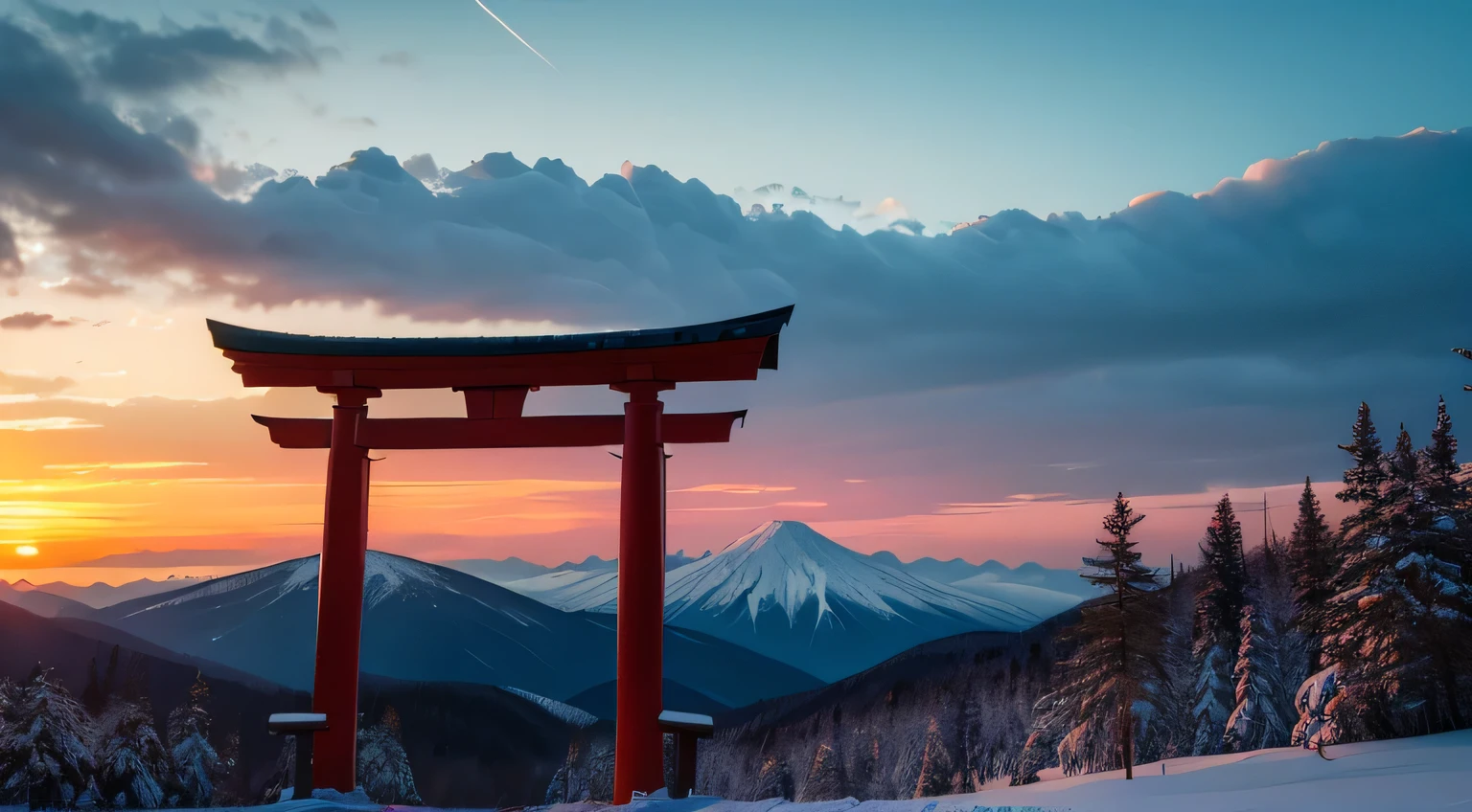 The sun rises, Mountainous Regions, forest, torii, Flying Bird, Colorful sky, be familiar with, Complex, Hmph, Fuji XT3