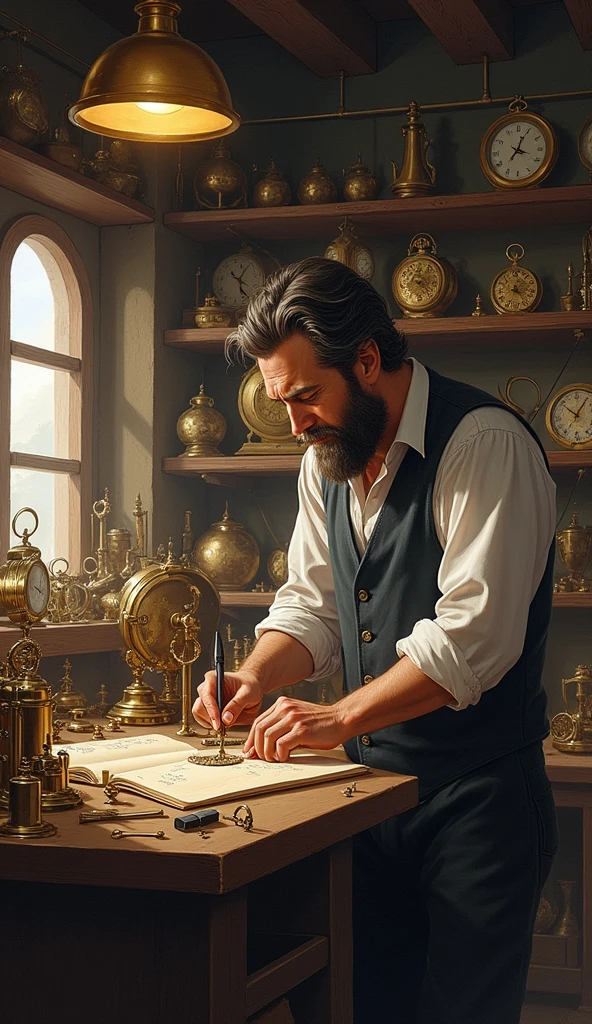 An illustration or recreated scene of Henlein's workshop, with him working on a clock and surrounded by tools and partially assembled timepieces.