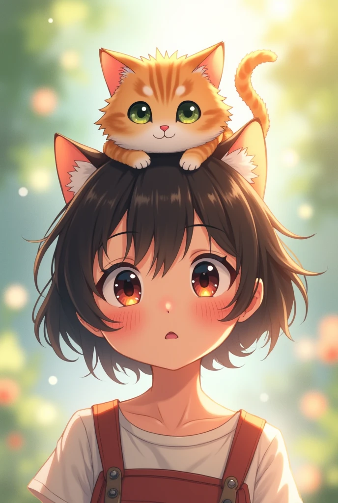 an anime character with a cat on his head
