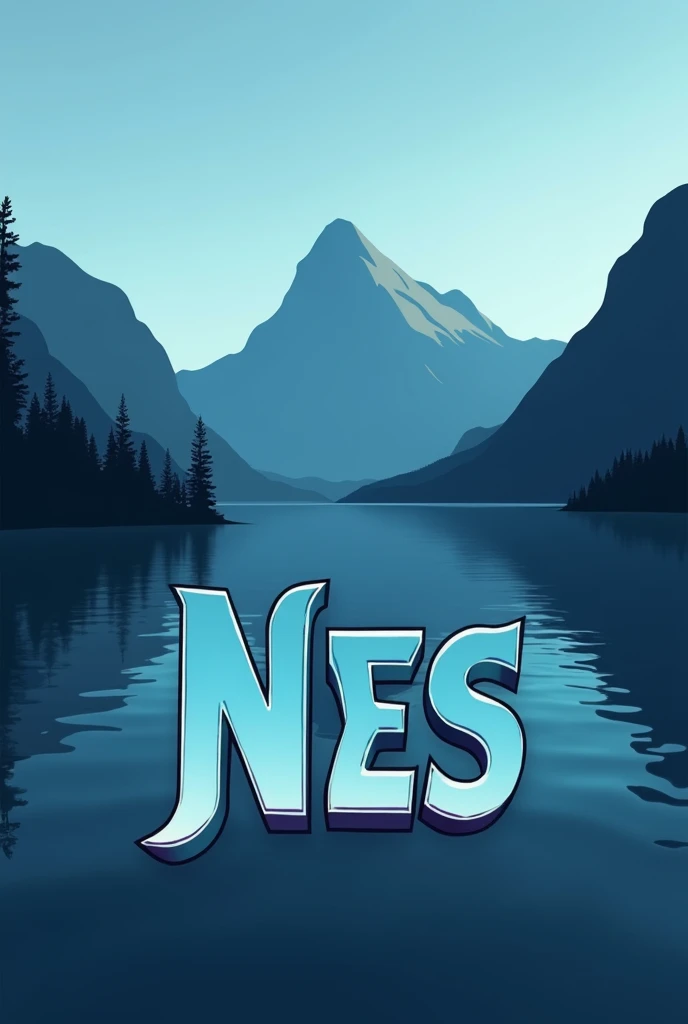 Give me a logo image for a channel that is the shadow of the Loch Ness mountain with the lake in the background and the name Nes. The name should be put in cool letters, Besides it being animated style, not realistic. Just one s, leave the rest the same

