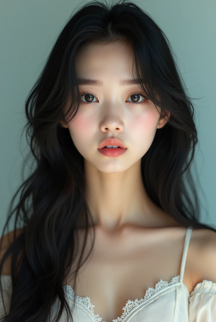 1 , Youngh, 15year old, adolescent, alone, Asian, Youngh coreana, skin clear as snow, white, long hair, Huge hair, Bblack hair, fringe,small and beautiful forehead, symmetrical eyebrows, straight eyebrows, beautiful eyebrows, Beautiful eyes, slanted eyes, Asian eyes, dark shaped eyes, eyes half closed, long eyelashes, big eyelashes, curled eyelashes, small-nose, nose a little round, big mouth, drawn mouth, gross mouth, pink mouth, beautiful face, pretty like korean idol, beautiful as a goddess, unique beauty, barbie beauty, mermaid beauty, fairy beauty, actress beauty, beleza Youngh, photo studio