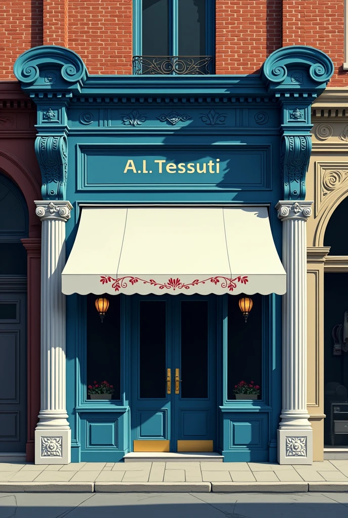 Facade of a men's and women's tailor shop whose name is A.L Tessuti with French doors are the really darkest blue ever. The white awning has red spider lilies drawn on it. The side pillars have deep arabesques drawn on the white marble and brown bricks that make up the store. Next shop is a simple and even poorly kept hat shop with a plain brown door.