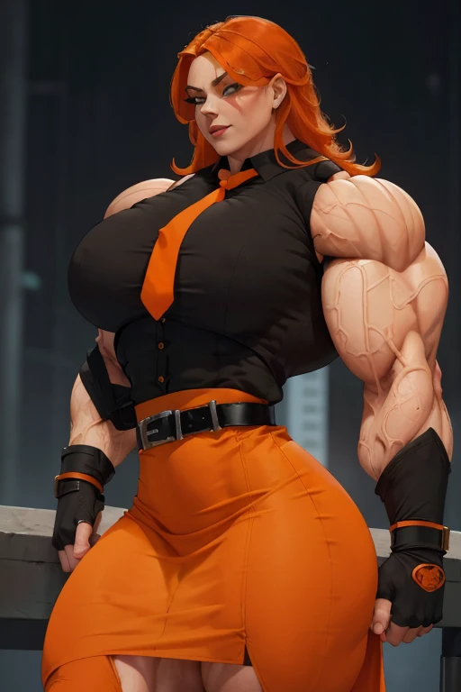 ((Close-up)), tall, (orange hair), beautiful muscular woman, long shaggy hair, pale white skinned, closed smile, large breast, (black lipstick), (massive muscles), (hyper muscle), ((ginormous bulky muscles)), green eyes, (((sleeveless orange buttoned dress shirt))), ((black pencil skirt with belt)), (fingerless gloves), (necktie), (leggings), college rooftop, 