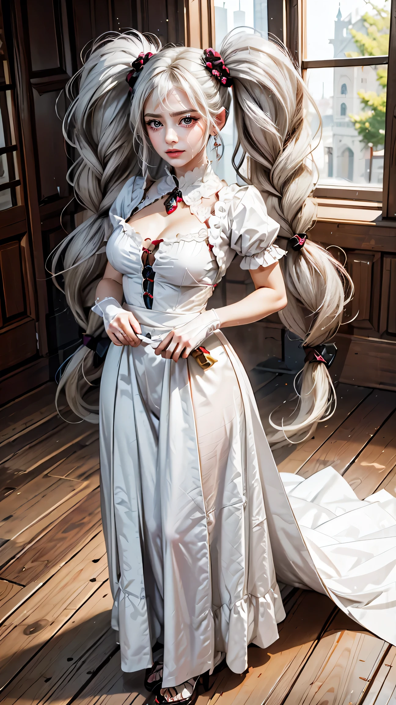 Best quality, masterpiece, ultra high res, raw photo, beautiful and aesthetic,deep shadow, fantasy theme,(ultra detailed:1.3),
1girl, standing pose, Realistic, cute girl, super long hair, hair, (mega twintail:1.3), hair ornament, (twin braids:1.2), thick hair, white hair, large breasts, big butt, hourglass body, emphasis on hair, emphasis on eyes, emphasis on face, white eyes, crying, white princess clothing, white Victorian dress, long skirt, gloves, full body, indoors, (looking at viewers:1.2)