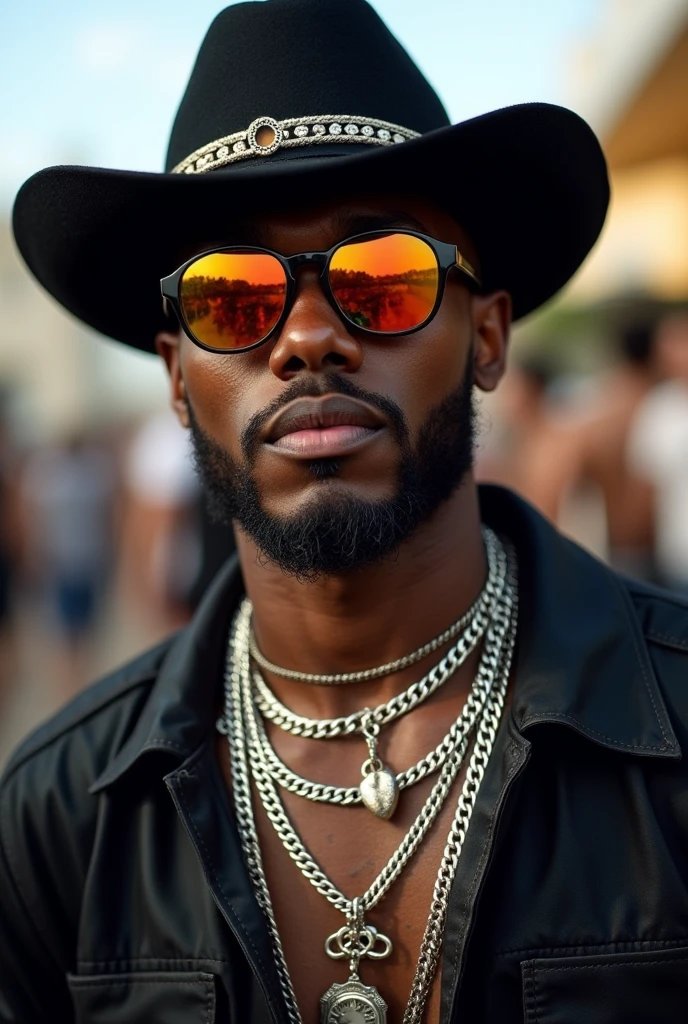 A man whose style of dress mixes agroboy with funk singer. He wears a black country hat and a black shirt., wears funk singer style chains and sunglasses with mirrored lenses like juliet.