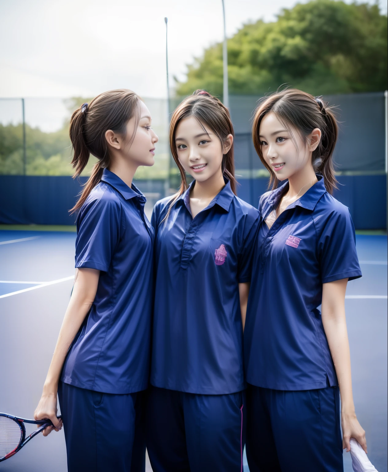 3 girls play tennis at tennis courts, Navy blue short-sleeved shirt,Navy Long Trackpant,Sweatpants, Sweatpantsขายาว,2 girl, lesbian, sexy, exercise clothes, wet body, exercise clothes