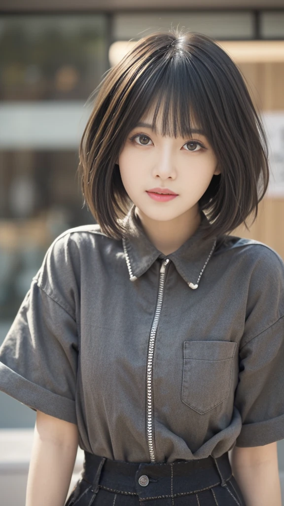 (Dynamic pose:1.2),The theme is "Darkness and Light". The main colors will be deep browns and olive greens with black accents. The top is a loose-fitting brown checked shirt, and the bottoms are wide black pants with zippers and patches designed on the sides,(Highest quality, Very detailed, masterpiece:1.2), 1 women, Very thin body, length, Thin legs, ((Black short hair:1.2)), ((Thick and fluffy bangs)), Very detailedな顔,A faint smile, small, Thin Nose, small thin mouth, Extremely sharply focused eyes, Japanese, Beautiful Face, Realistic eyes, Beautiful and beautiful eyes, Realistic Skin, Beautiful Skin, charm, (A vivid face), Beautiful Hairstyles ,Creepy and unique hairstyles, High resolution, Vibrant color palettel, Amazing place