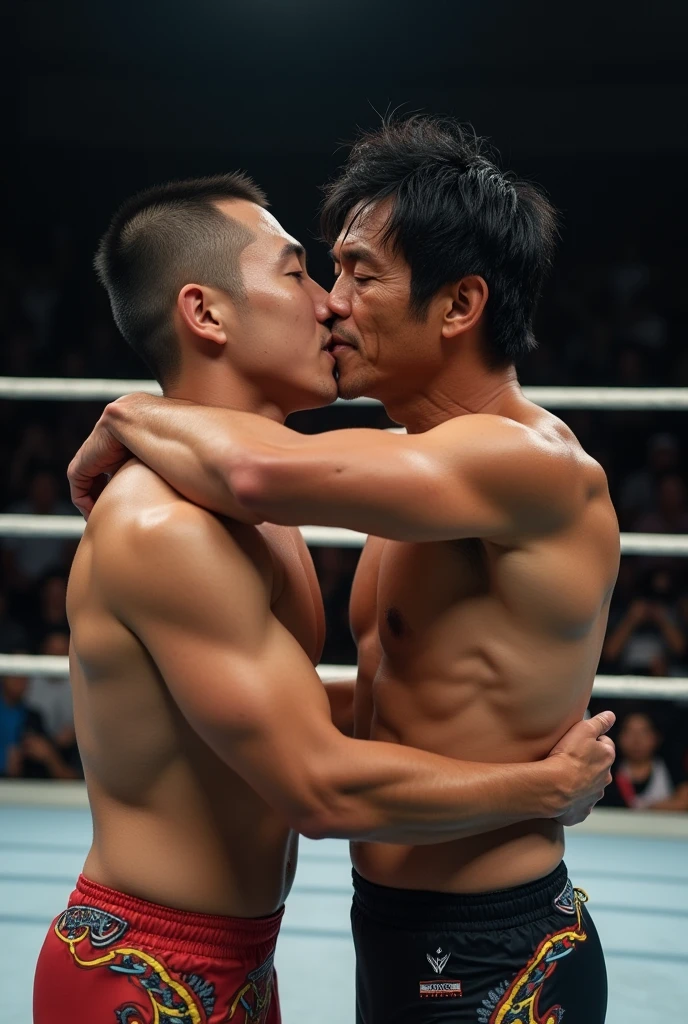 A young Japanese professional wrestler A and a senior Japanese professional wrestler B are in the ring.。They are on the same team。
A is buzzcut and muscular、Wearing short tights。Sweaty。
B is short-haired, muscular, and dark-skinned、Wearing short tights。
A and B hug each other and kiss to celebrate their victory. Fujifilm, look up, 