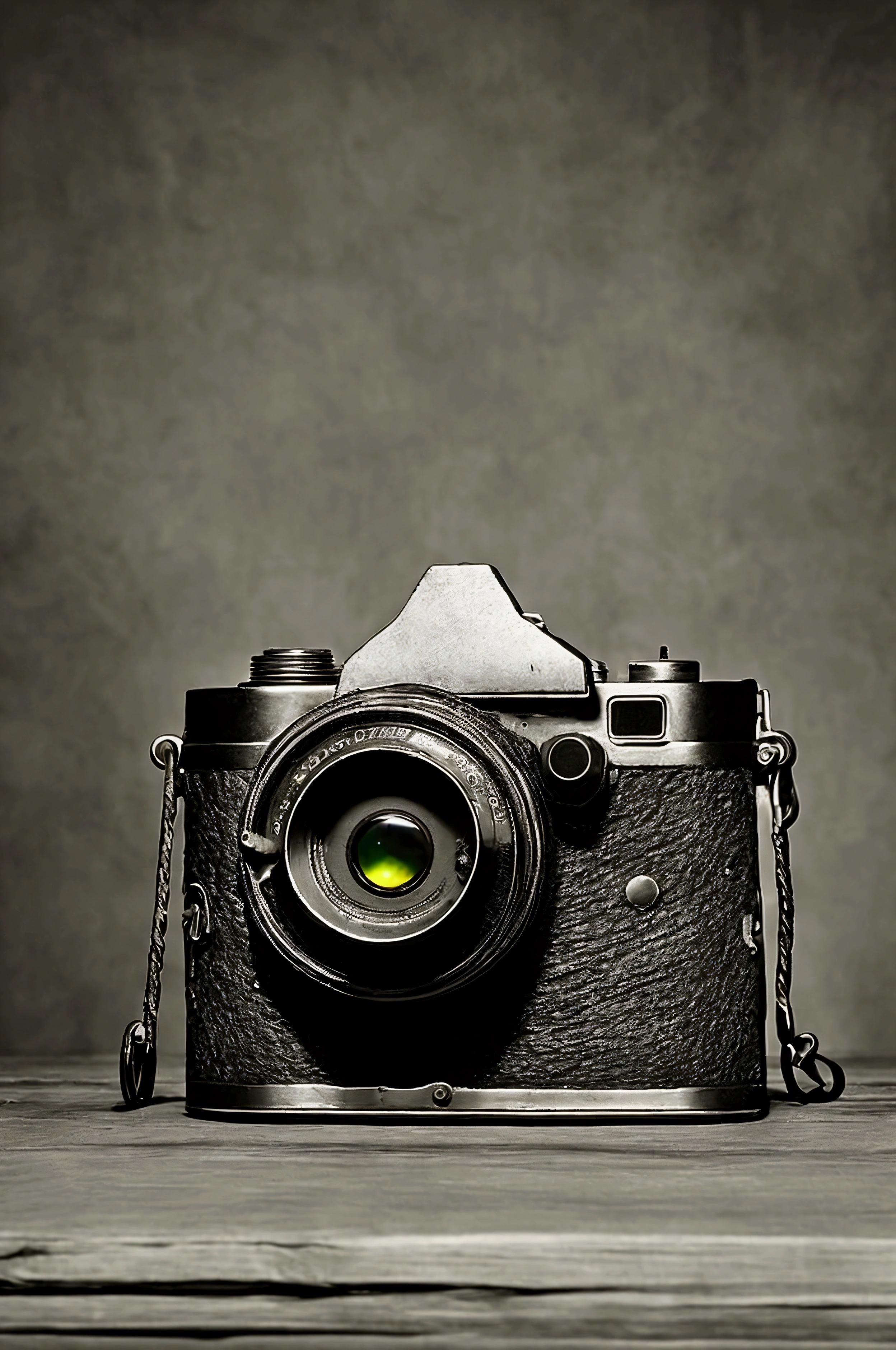 "Create a detailed image of an old, dusty vintage camera with a cracked lens that emits a faint, eerie glow. The camera should have an antique design, with tarnished metal parts and worn leather detailing. The lens, slightly cracked, should show hints of glowing light seeping through the fractures, giving the camera an ominous and mysterious aura. The overall look of the camera should suggest it's something more than just a regular camera—something strange and unsettling.