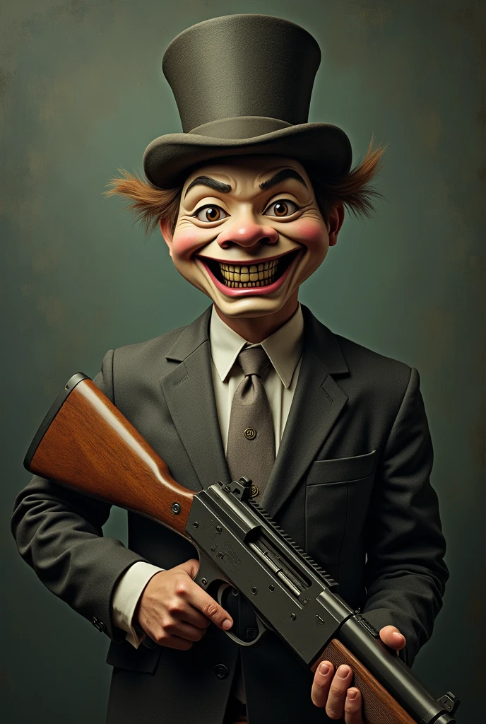 A men with a happy mask and wearing a suit and with a big hat and a riffle