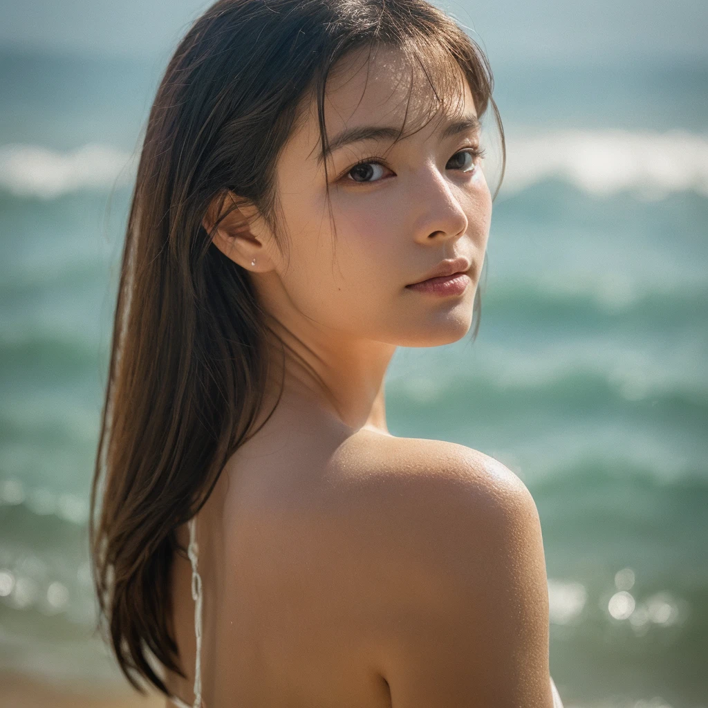 A hyper-realistic image of a single Japanese woman in her early 20s, captured with the nostalgic warmth and subtle graininess of a film camera, showing her from the shoulders up as she stands on a sunlit beach. Her skin has a warm beige tone with a natural, slightly rough texture that includes visible pores, fine lines, and subtle imperfections such as small blemishes and slight unevenness, enhancing the authenticity of her appearance. The texture is intentionally made less smooth, with the natural graininess of the film adding to the overall realism. The soft, diffused natural light gently illuminates her face and shoulders, creating a timeless, organic feel with subtle shadows that enhance the film-like quality. Her straight, glossy black hair flows naturally in the ocean breeze, framing her face, and her deep brown eyes reflect the soft sunlight and the shimmering sea. The film camera effect introduces a slight grain and a softer focus, giving the image a warm, nostalgic atmosphere while maintaining the deliberately rougher texture of her skin. The composition, focused on her upper body, captures the serene elegance of the beach setting, highlighting her natural beauty and the gentle interaction of light and shadow on her skin. The combination of realistic, slightly rough skin texture, soft natural light, and the film-like qualities ensures that this image presents a lifelike, captivating portrayal of the woman, centered on her face and shoulders.