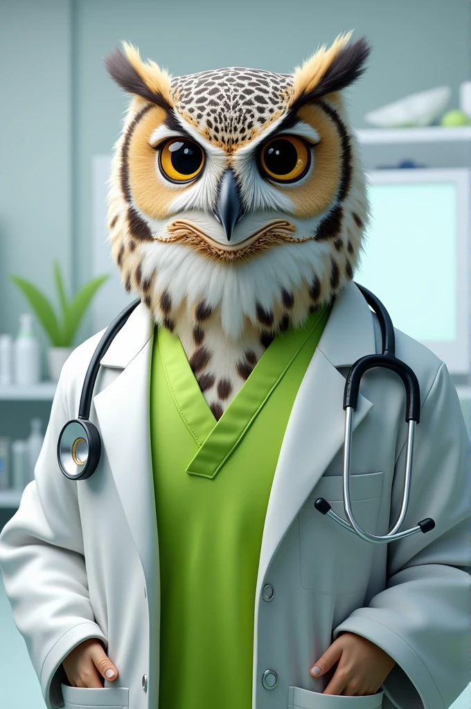 Medical owl with lime green shirt and white coat