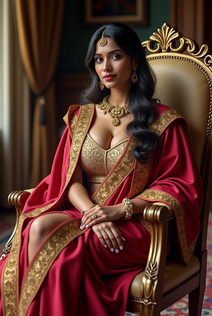 6 ft big breasted beautiful sri lanakan wealthy age 25 girl in maharani dress. Wearing Academic regalia.well educated.sit in chair with massive big boobs, big butt 