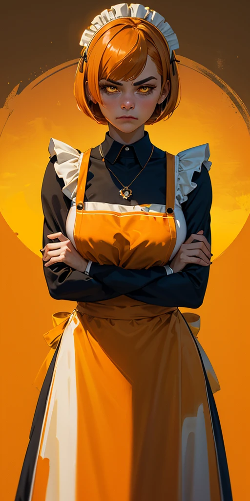 1girl, solo, maid with apron, yellow and orange hair, short bob haircut, medium breast hold, breasts, heart brooch necklace, closed mouth, crossed arms, dress, dusk, enmaided, evening, frown, long sleeves, looking at viewer, maid apron, maid headdress, yellow and orange background, orange sky, orange theme, ribbon, sunflower, sunset, v-shaped eyebrows, yellow and orange apron, yellow and orange background gradient, yellow and orange theme