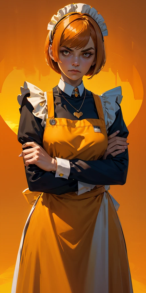 1girl, solo, maid with apron, yellow and orange hair, short bob haircut, medium breast hold, breasts, heart brooch necklace, closed mouth, crossed arms, dress, dusk, enmaided, evening, frown, long sleeves, looking at viewer, maid apron, maid headdress, yellow and orange background, orange sky, orange theme, ribbon, sunflower, sunset, v-shaped eyebrows, yellow and orange apron, yellow and orange background gradient, yellow and orange theme