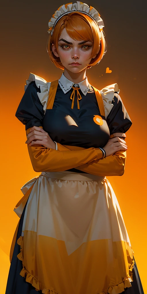 1girl, solo, maid with apron, yellow and orange hair, short bob haircut, medium breast hold, breasts, heart brooch necklace, closed mouth, crossed arms, dress, dusk, enmaided, evening, frown, long sleeves, looking at viewer, maid apron, maid headdress, yellow and orange background, orange sky, orange theme, ribbon, sunflower, sunset, v-shaped eyebrows, yellow and orange apron, yellow  and orange background gradient,  yellow and orange theme