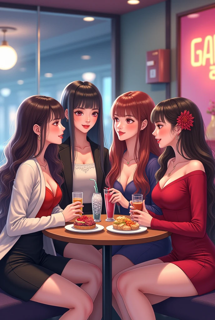 ((Highest quality)), ((masterpiece)), (detailed), ((Friends Group)) Four Girls, Song Yu-ki is a G-idol, Joy de Red Velvet, Shuhua is a G-idol, Red Velvet's Seulgi, Next to them is the boy, Mingyu., K-POP: The closest thing to reality