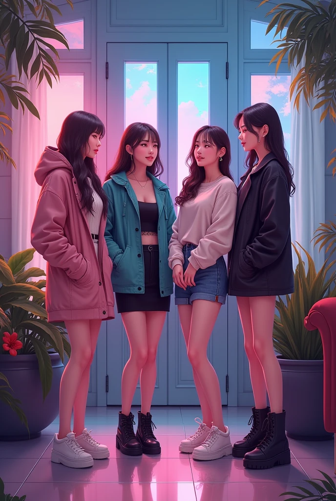 ((Highest quality)), ((masterpiece)), (detailed), ((Friends Group)) Four Girls, Song Yu-ki is a G-idol, Joy de Red Velvet, Shuhua is a G-idol, Red Velvet's Seulgi, Next to them is the boy, Mingyu., K-POP: The closest thing to reality