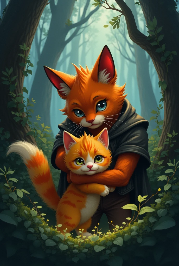 A small, curious orange kitten with fur matching a fiery sunset, has fallen in a pit in forest, The forest in the background is dense, with tall, shadowy trees and thick underbrush. The pit is surrounded by thorny bushes, and Blaze is cradling the kitten protectively in his strong arms. The scene is filled with a sense of urgency and tenderness."