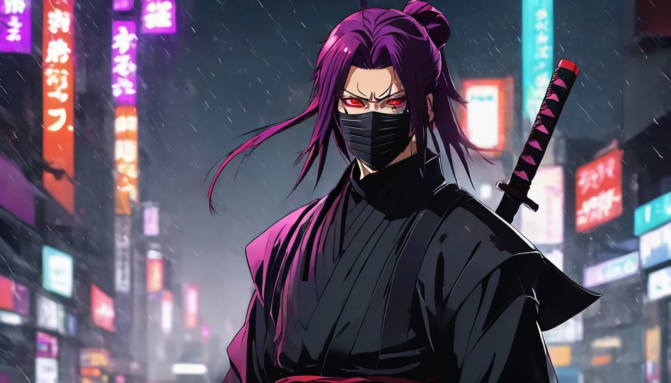 "A Portrait of Byakuya, He has sharp red eyes, red+Purple hair tied in a bun, Modern Ninja style with a black and red Katana with spyrals details , wearing a Modern Fighter suit black Color,with a black Samurai Mask. He stands in a cityscape raining night in the background, details care, Full HD, ((Shining vivid colors)), ((Ordem paranormal+Guren Lagan anime traces)), ((ultra detailed illustration)), (Award-Winning) Masterpiece, ((Magic particles in the atmosphere)), (stunning visual))