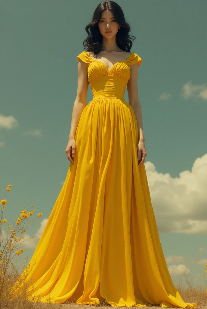 Giant girl,retro long yellow dress,black hair ,looking at the viewer 