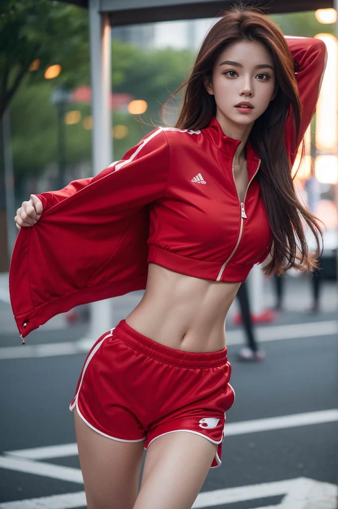 Running at dawn. A young beauty wearing red sport jacket and red sport long pants. Red long sport clothes. Long hair. A closer look. Ultra-high definition. Red one-pant. Very short shorts. 