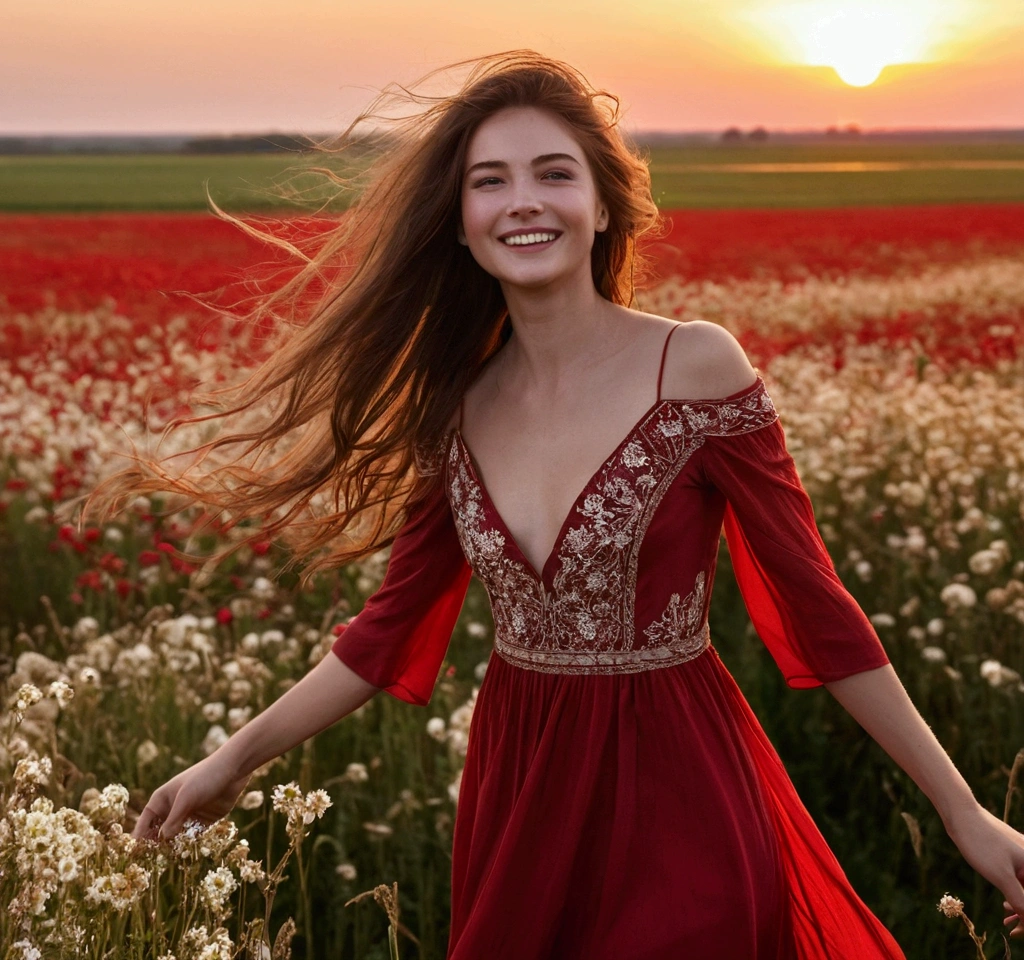 make a woman white, being 165cm, ideal weight for height, straight brown hair, natural face without makeup, wearing a red dress in the winds, in a field full of flowers with the sunset behind, with her hair loose in the winds, a captivating smile on his face 