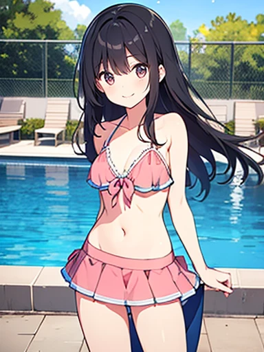 Woman, cute, adorable, smiling, straight hair, long hair, black hair, standing, Swayback stance, looking at the camera, From the front, from thighs to head, pool, daylight,Skirt-style-bikini