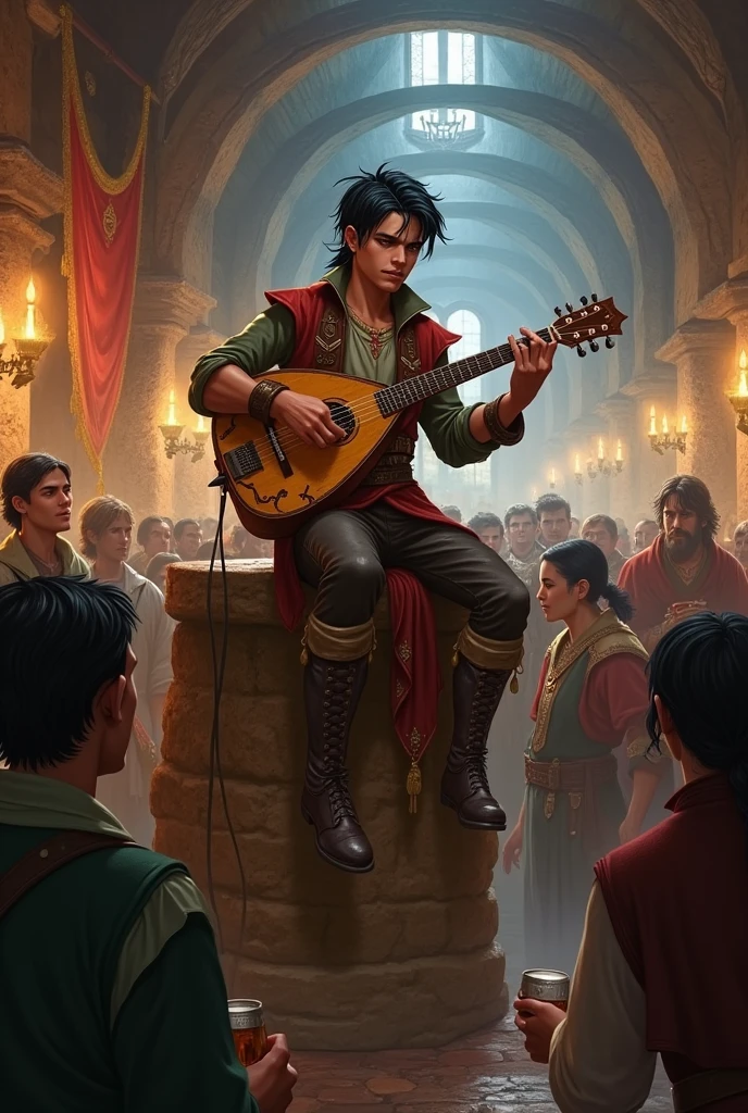 a human bard, black and young,man and adventurer in a tavern playing his lute