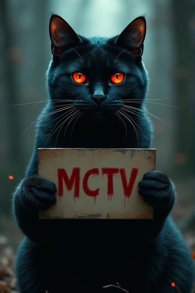 A black cat with red eyes is holding a sign that says MCTV