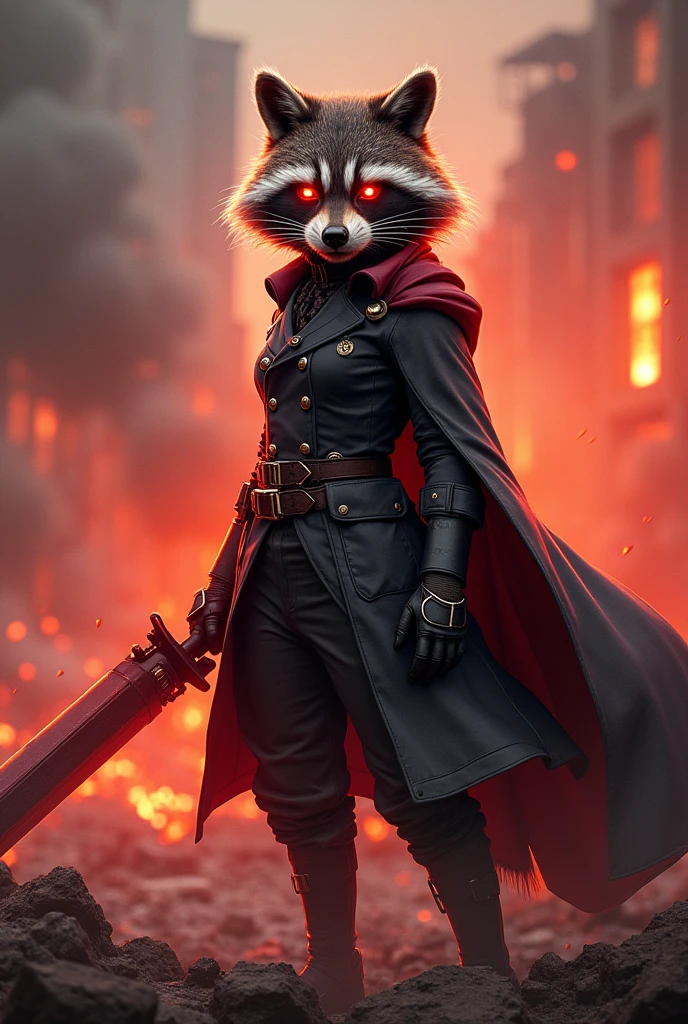 A female raccoon with flaming eyes wearing a female military uniform with cape in a war area holding a powerful weapon with a victorious red color aura